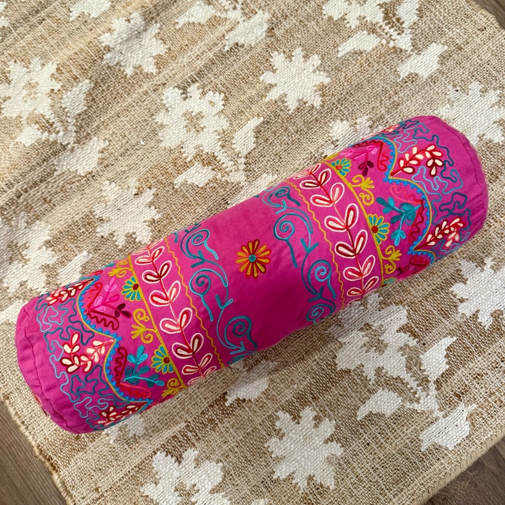 Pink Embroidered Bolster Pillow